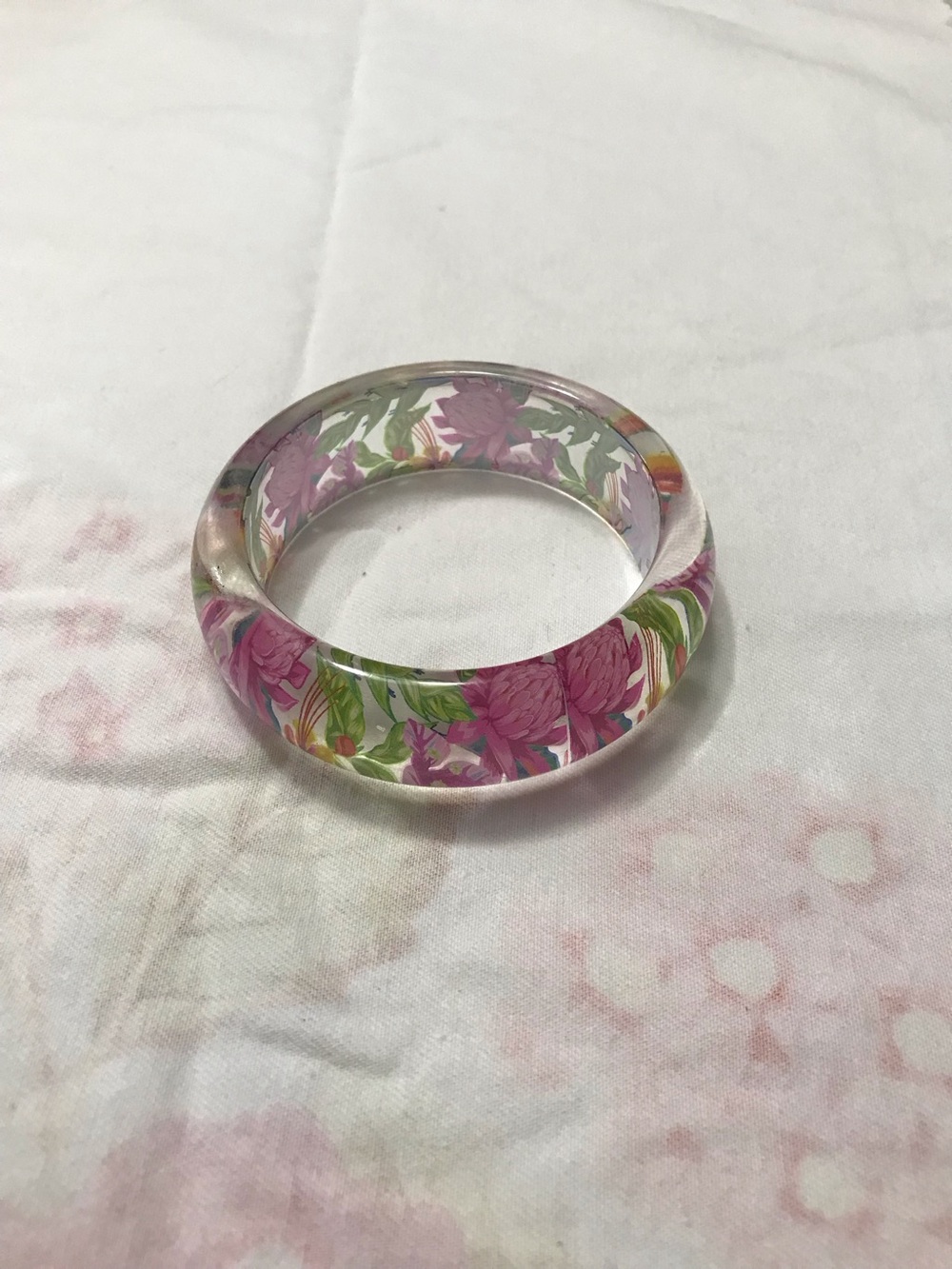 Acrylic Pink Green Floral Design Bangle Bracelet